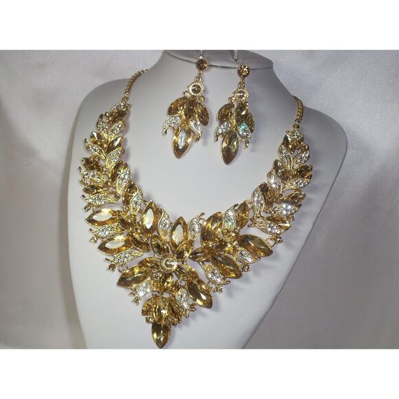 Champagne Rhinestone Statement Necklace Set, Bridal, Party Prom Formal Necklace - Picture 2 of 8